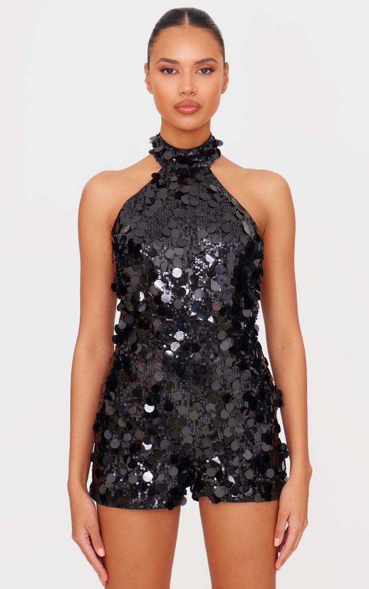 Black Oversized Sequin High Neck Backless Playsuit by PRETTYLITTLETHING Black Oversized Sequin High Neck Backless Playsuit by PRETTYLITTLETHING