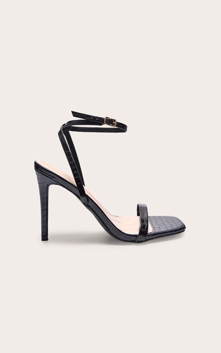 Black Pu Croc Square Toe Barely There Strap High Heeled Sandals by PRETTYLITTLETHING