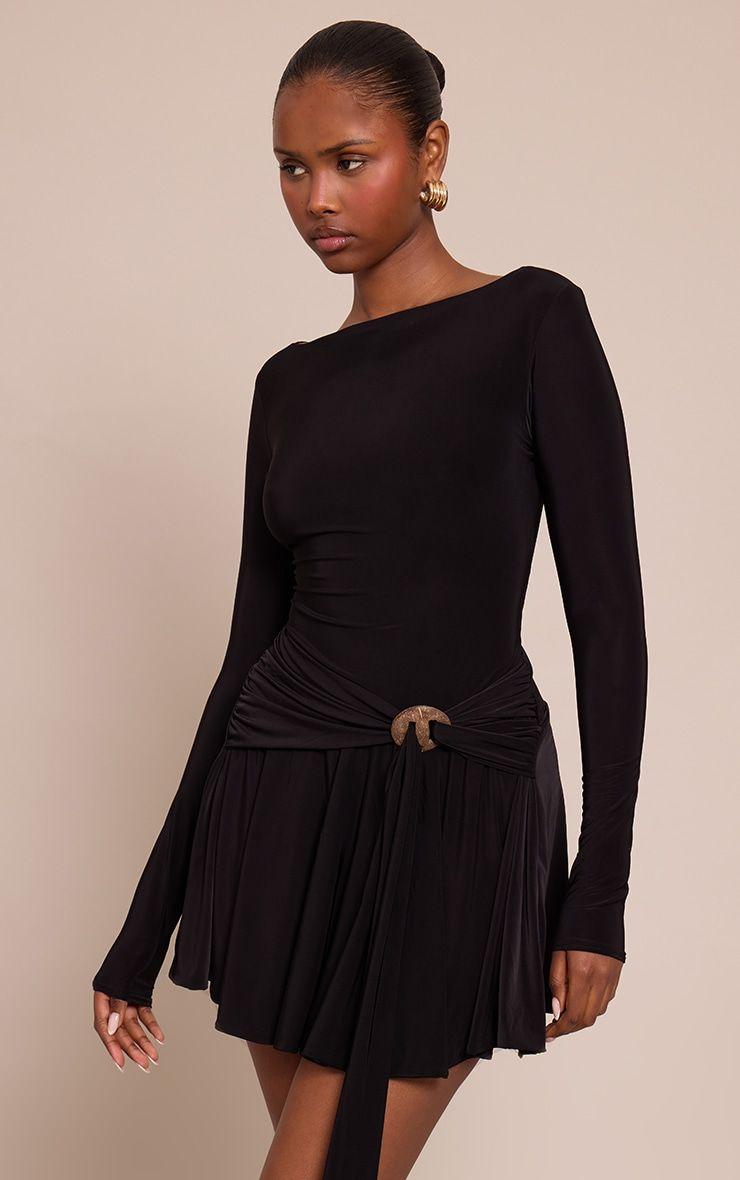 Black Slinky Trim Belt Detail Mini Shift Dress by PRETTYLITTLETHING Black Slinky Trim Belt Detail Mini Shift Dress by PRETTYLITTLETHING