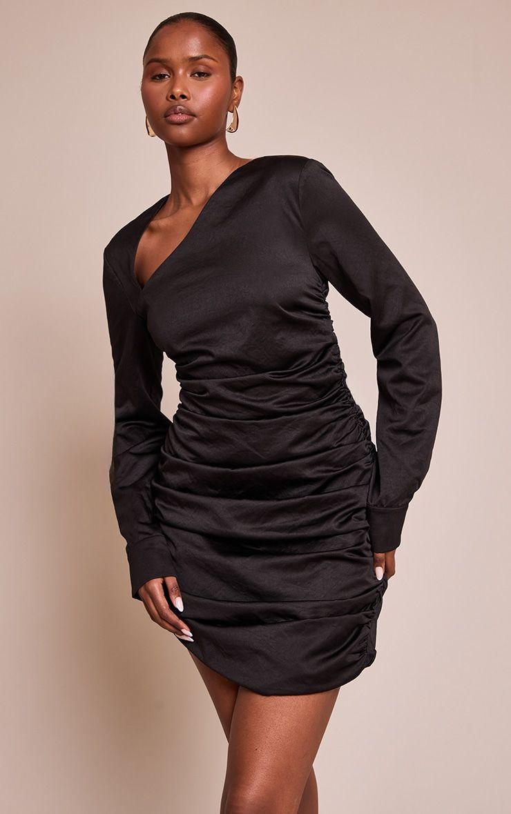 Black Textured Ruched Collar Dress by PRETTYLITTLETHING