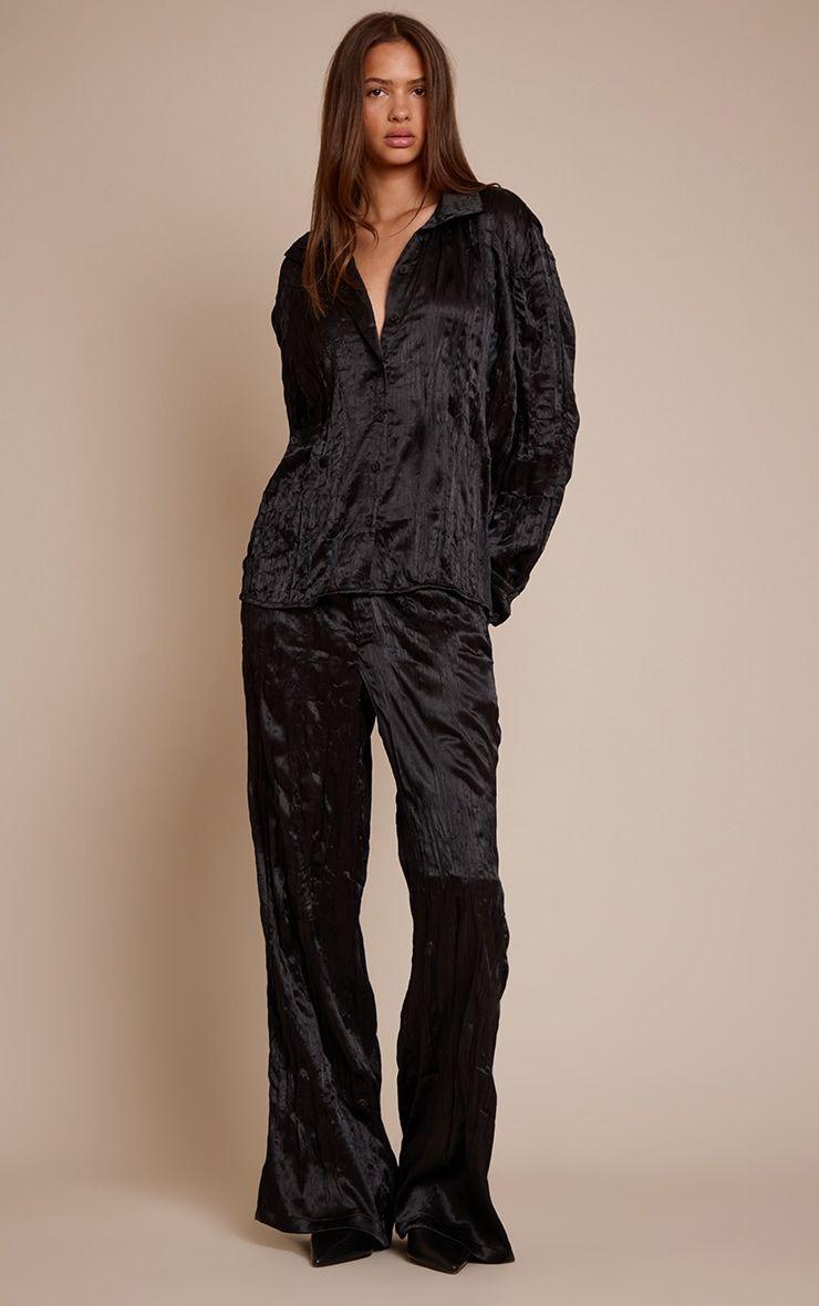 Black Textured Satin Wide Leg Trousers by PRETTYLITTLETHING