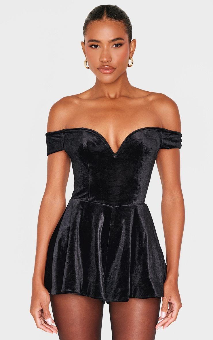 Black Velvet Bardot Sweetheart Neckline Floaty Playsuit by PRETTYLITTLETHING
