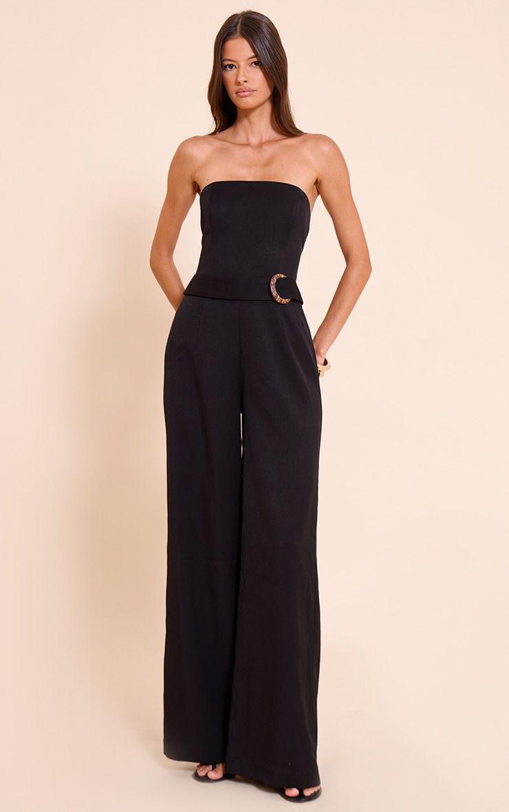 Black Woven Bandeau Belt Detail Straight Leg Jumpsuit by PRETTYLITTLETHING