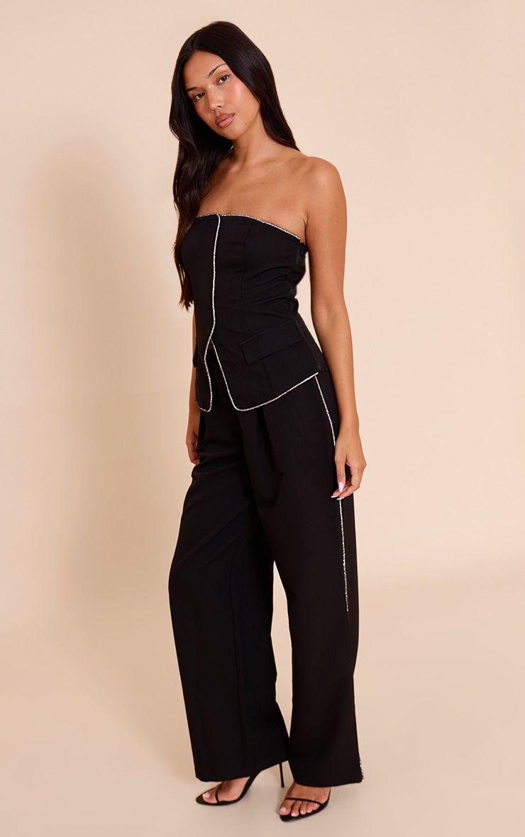 Black Woven Tailored Diamante Trim Wide Leg Pleated Trousers by PRETTYLITTLETHING