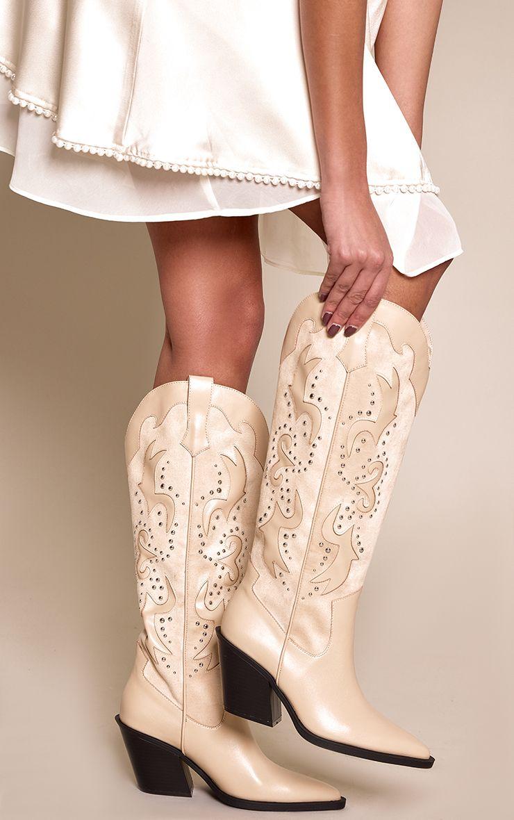 Block Heel Knee High Western Boots by PRETTYLITTLETHING