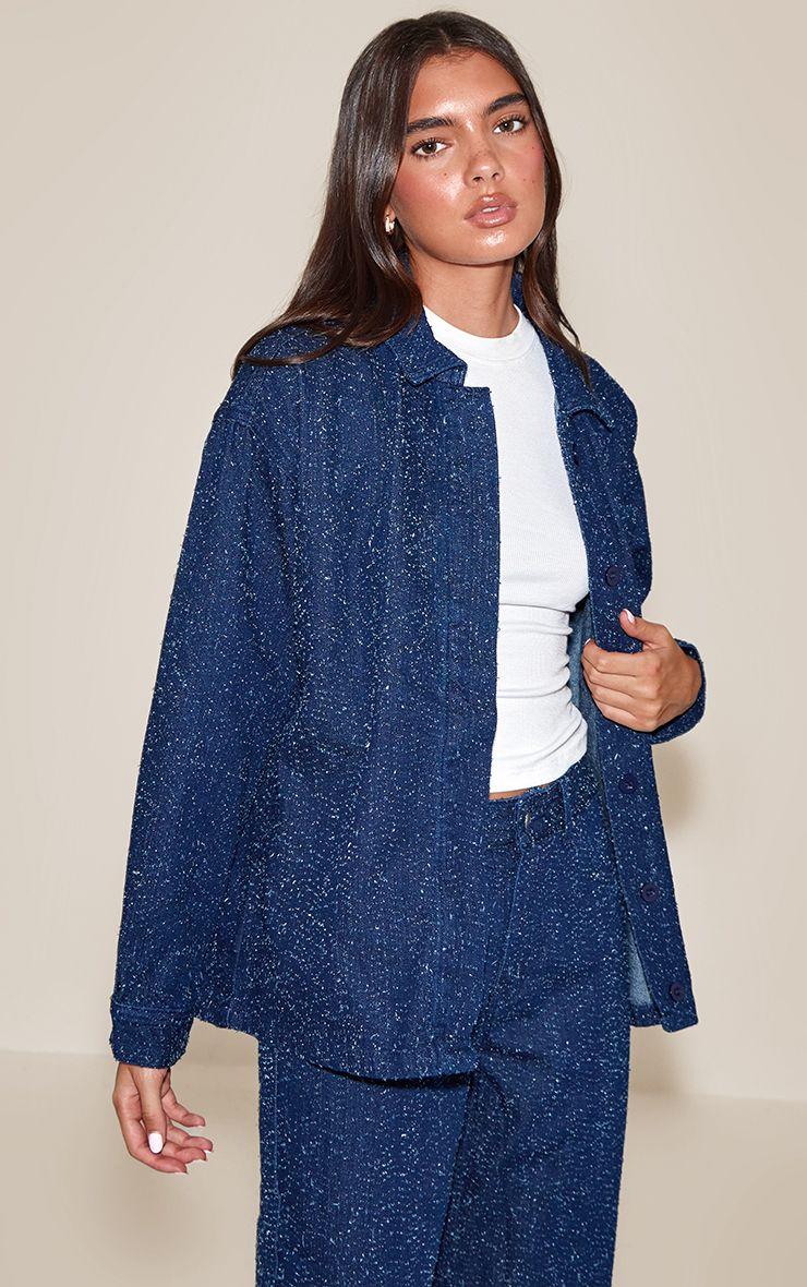 Boucle Denim Concealed Placket Oversized Shirt by PRETTYLITTLETHING
