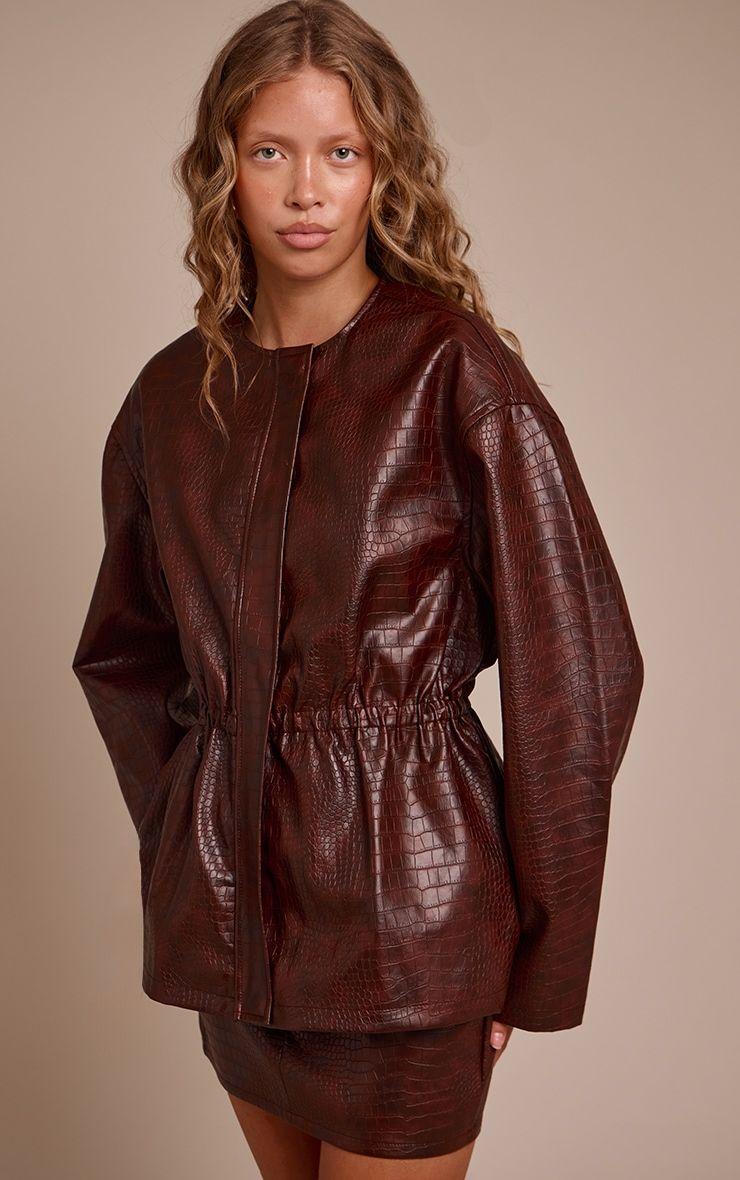 Brown Croc Faux Leather Cinched Waist Jacket by PRETTYLITTLETHING