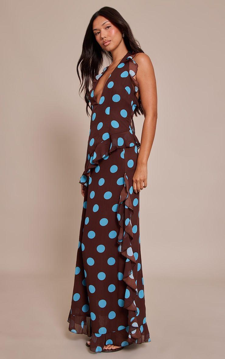 Brown Polka Dot Chiffon Ruched Drop Waist Maxi Skirt by PRETTYLITTLETHING