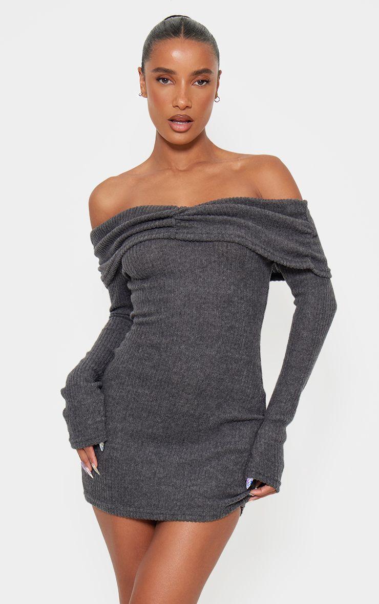Brushed Rib Bardot Long Sleeve Bodycon Dress by PRETTYLITTLETHING