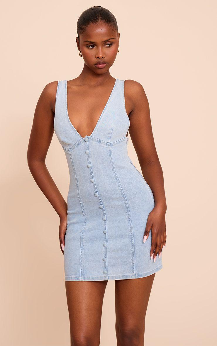 Button Detail Denim Mini Dress by PRETTYLITTLETHING