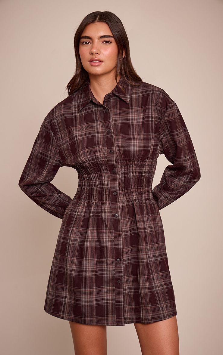 Check Cinched Waist Long Sleeve Shirt Dress by PRETTYLITTLETHING