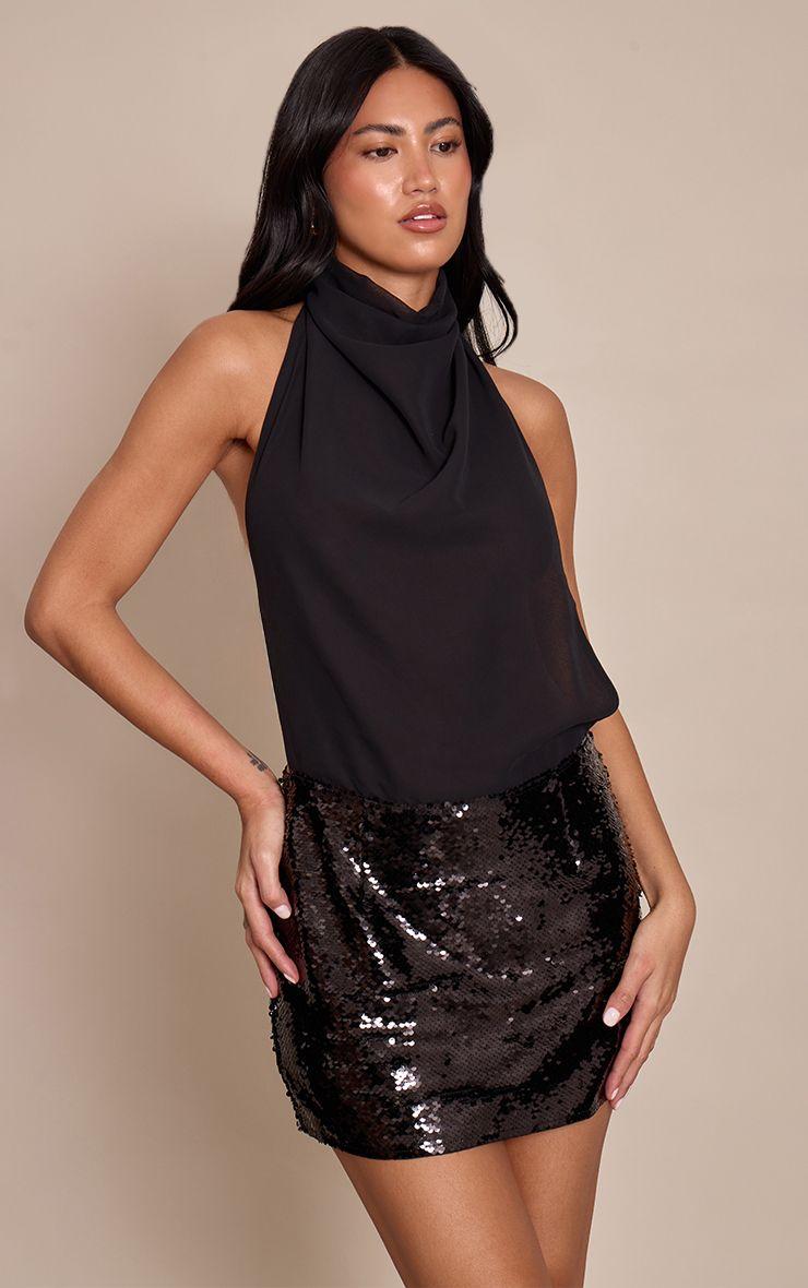 Chiffon High Neck Cowl Sequin Skirt Mini Dress by PRETTYLITTLETHING