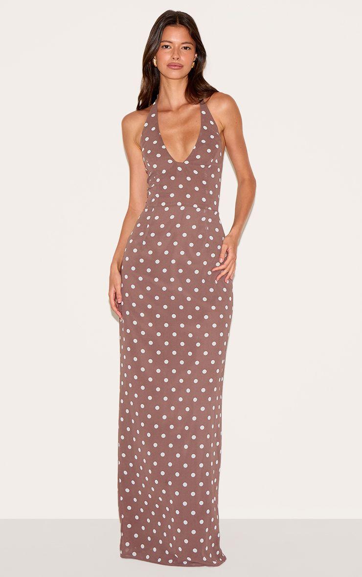Chiffon Polka Dot Printed Plunge Neck Maxi Dress by PRETTYLITTLETHING