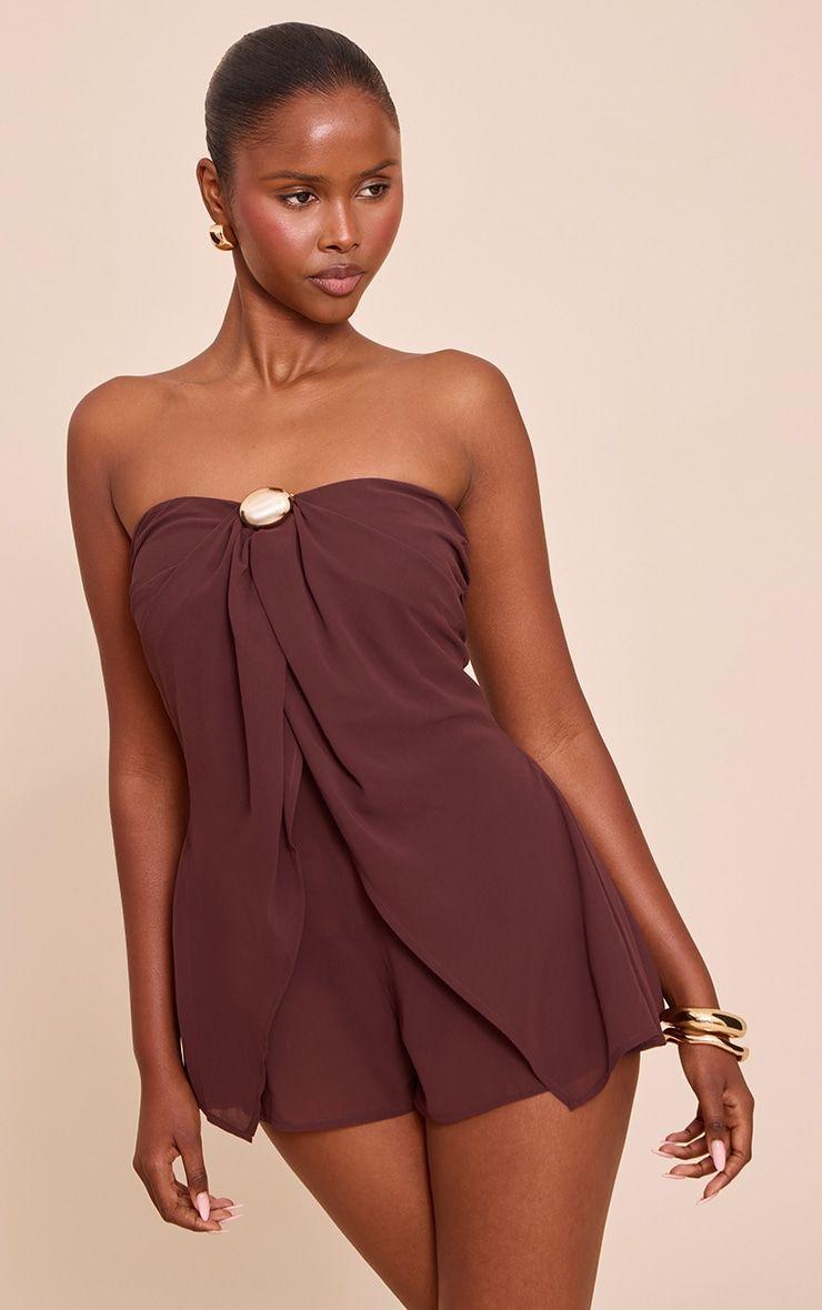 Chocolate Chiffon Trim Detail Bandeau Playsuit by PRETTYLITTLETHING Chocolate Chiffon Trim Detail Bandeau Playsuit by PRETTYLITTLETHING