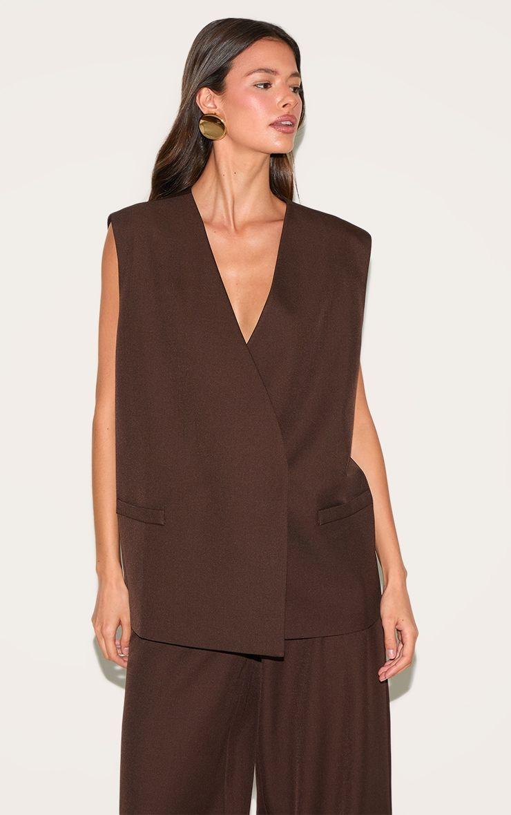 Chocolate Woven Collarless Oversized Shoulder Pad Waistcoat by PRETTYLITTLETHING