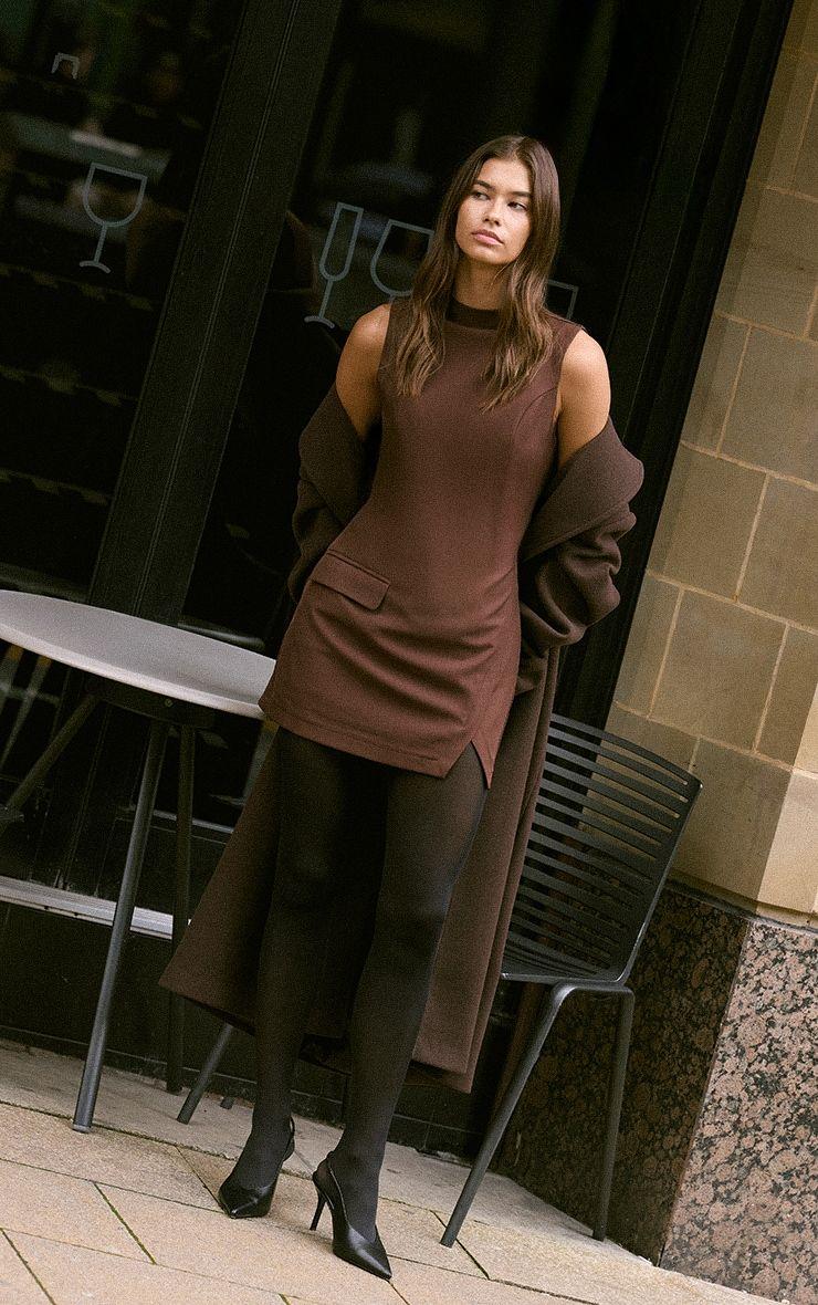 Chocolate Woven High Neck Pocket Detail Bodycon Dress by PRETTYLITTLETHING