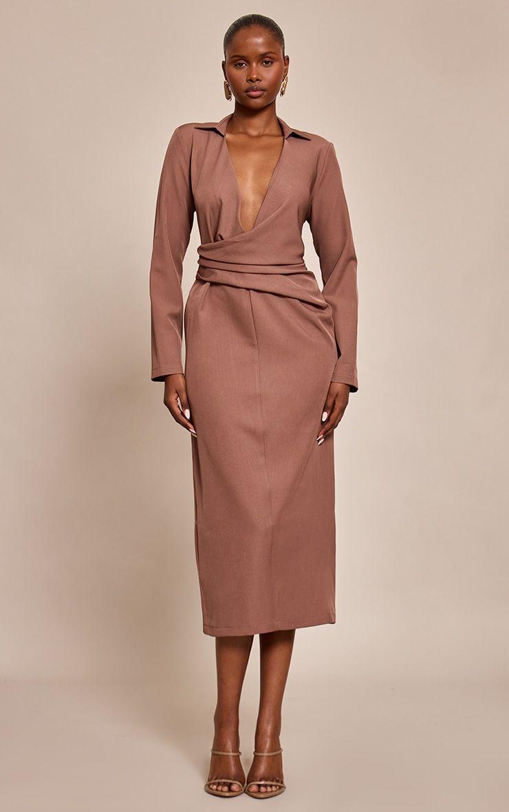 Chocolate Woven Wrap Detail Long Sleeve Maxi Dress, Brown by PRETTYLITTLETHING