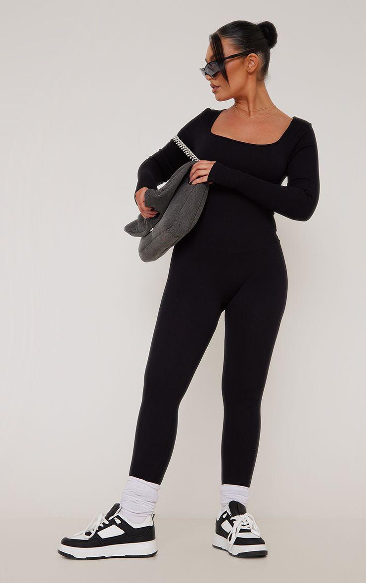 Contour Rib Square Neck Long Sleeve Jumpsuit by PRETTYLITTLETHING