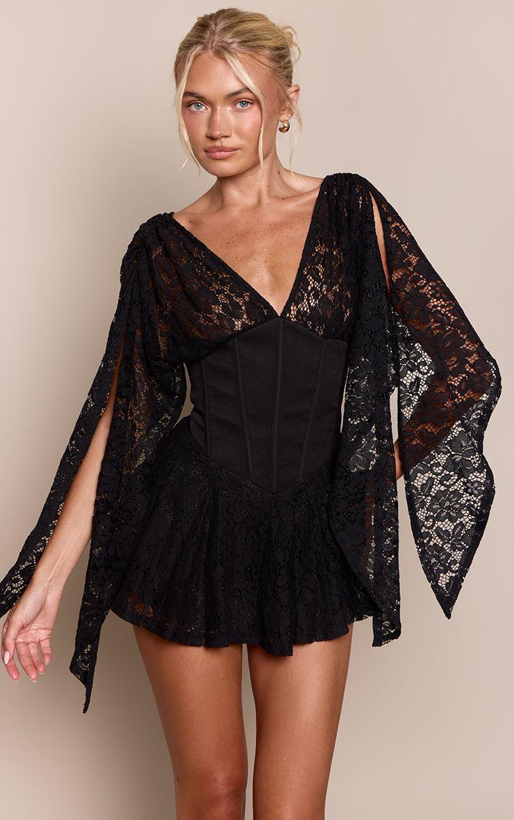 Corset Waist Lace Drape Sleeve Mini Dress by PRETTYLITTLETHING