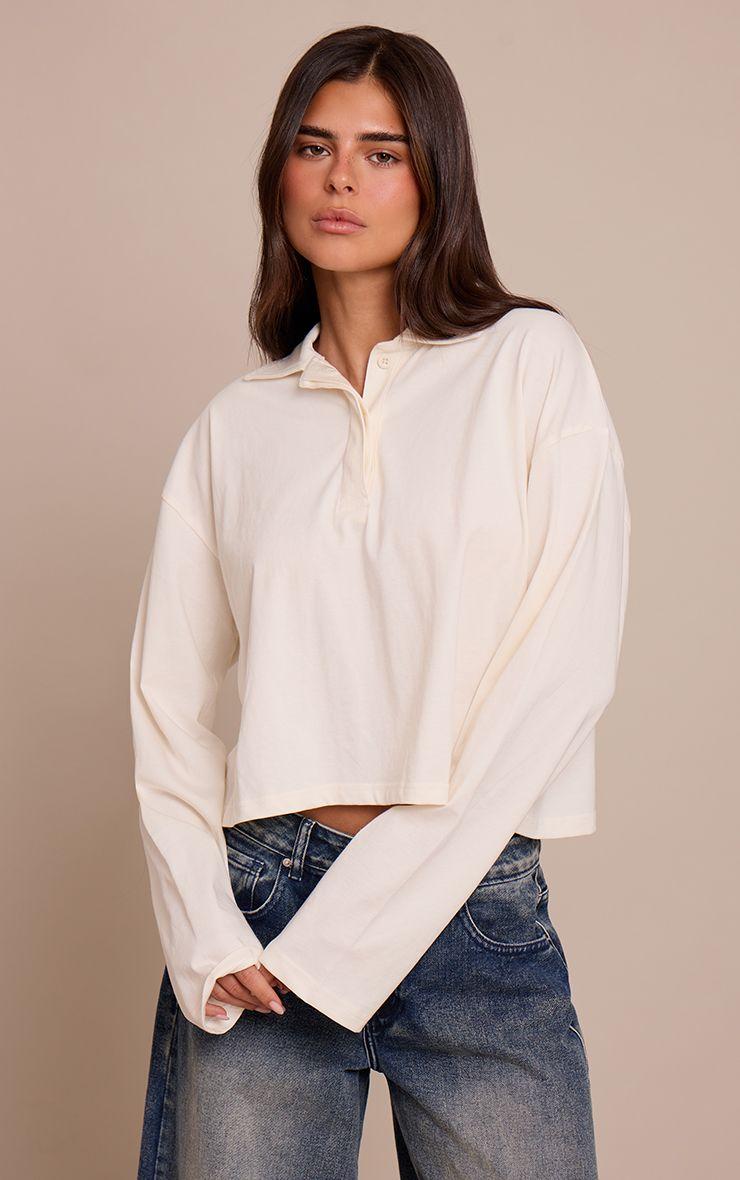 Cotton Polo Collar Long Sleeve Cropped Top by PRETTYLITTLETHING