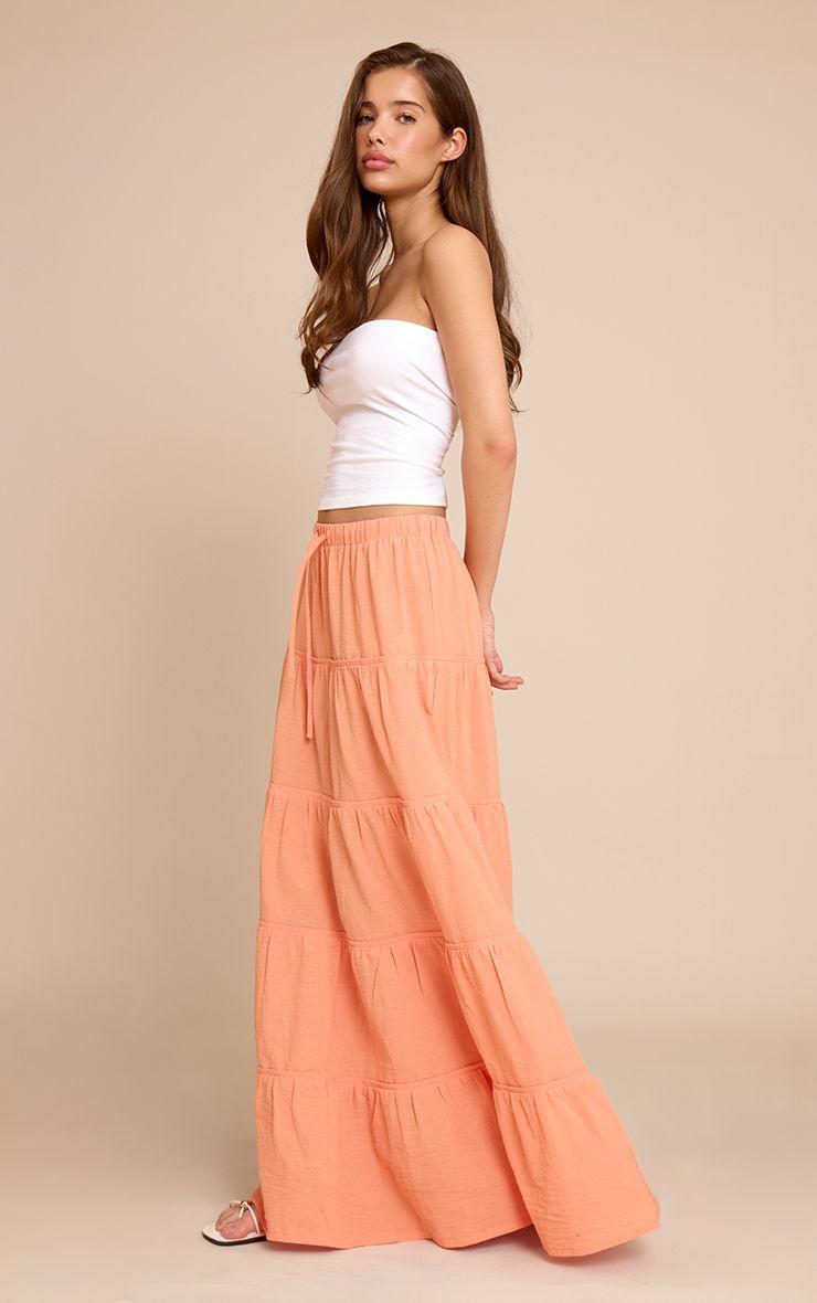 Cotton Tiered Drawstring Waist Maxi Skirt by PRETTYLITTLETHING