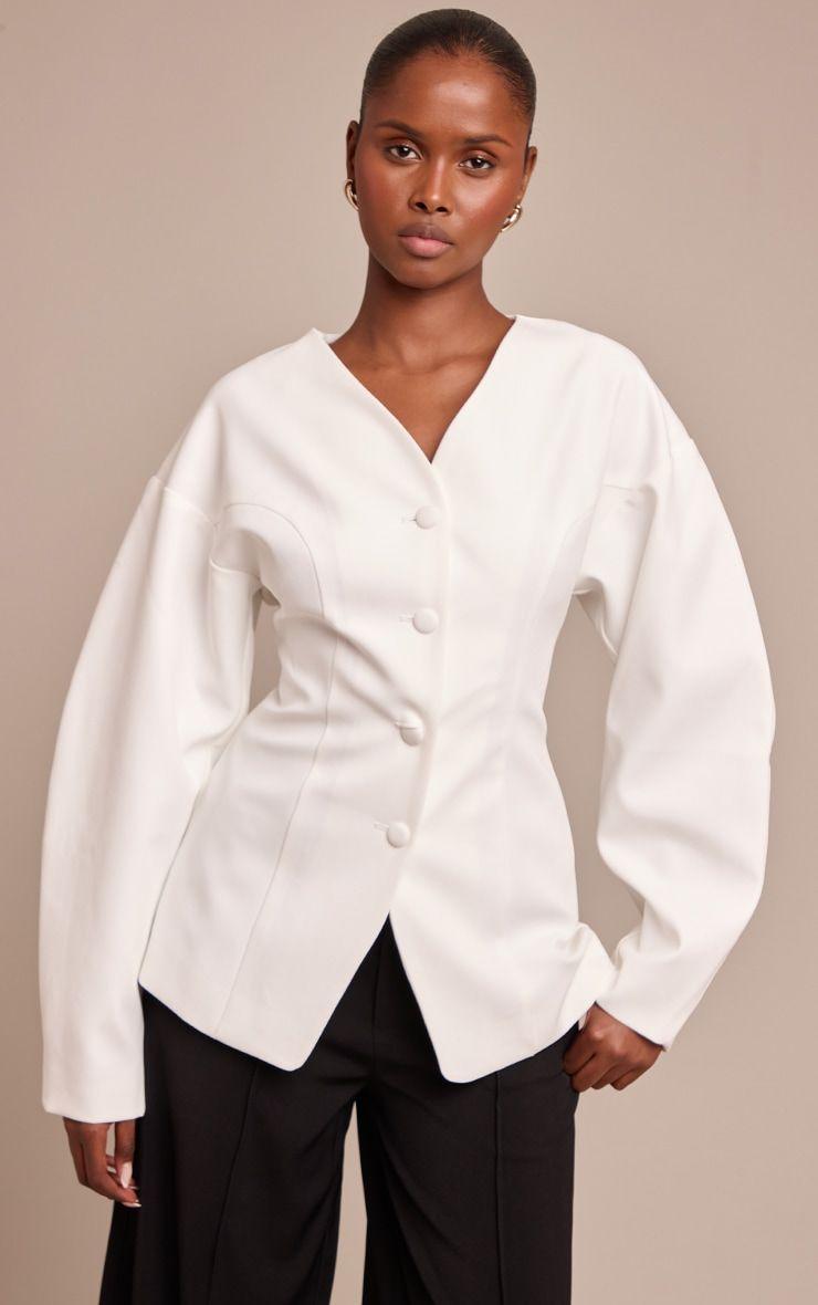 Cream Collarless Fabric Covered Button Blazer by PRETTYLITTLETHING