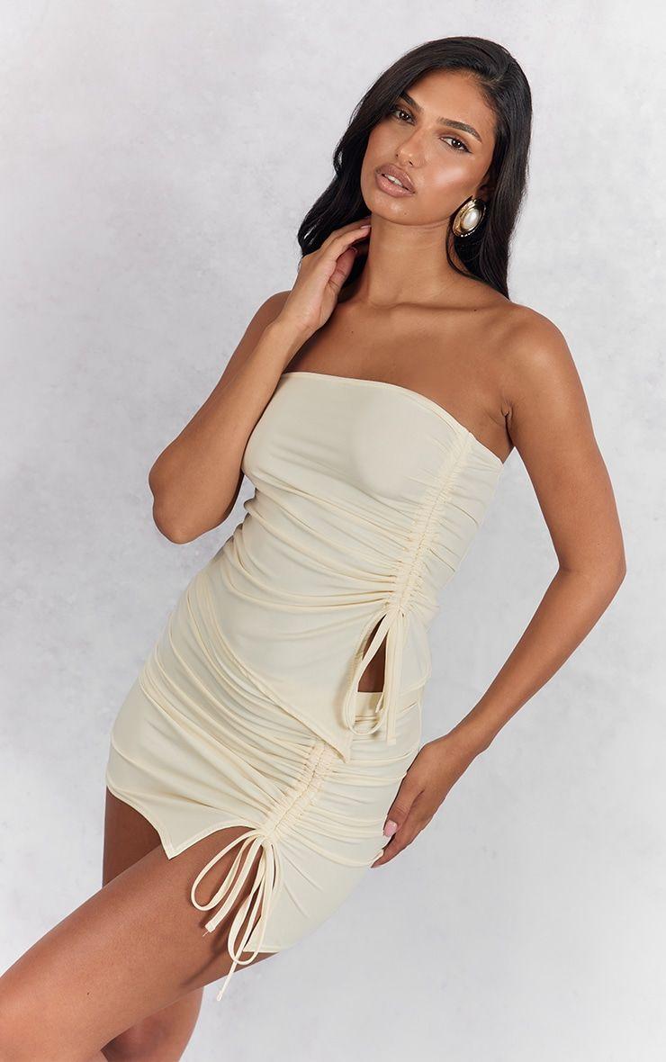 Cream Matte Touch Ruched Side Bandeau Top by PRETTYLITTLETHING