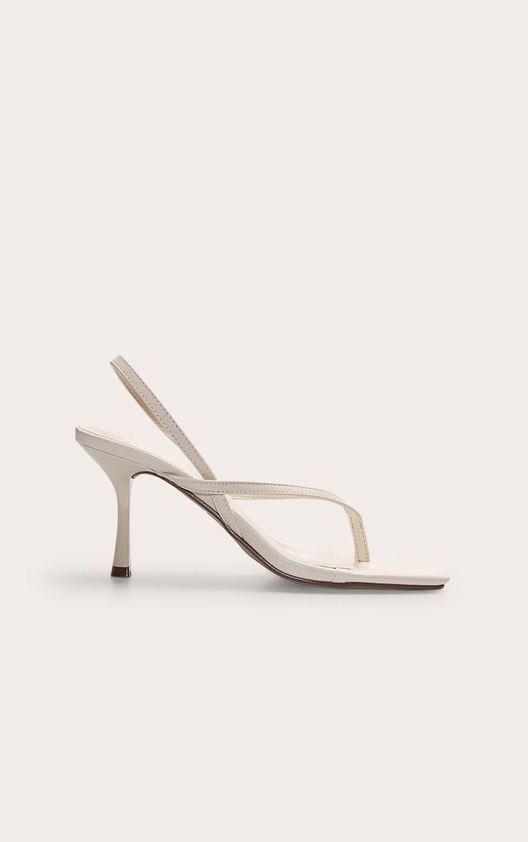 Cream Pu Square Toe Thong SlingBack Mid Heeled Sandals by PRETTYLITTLETHING