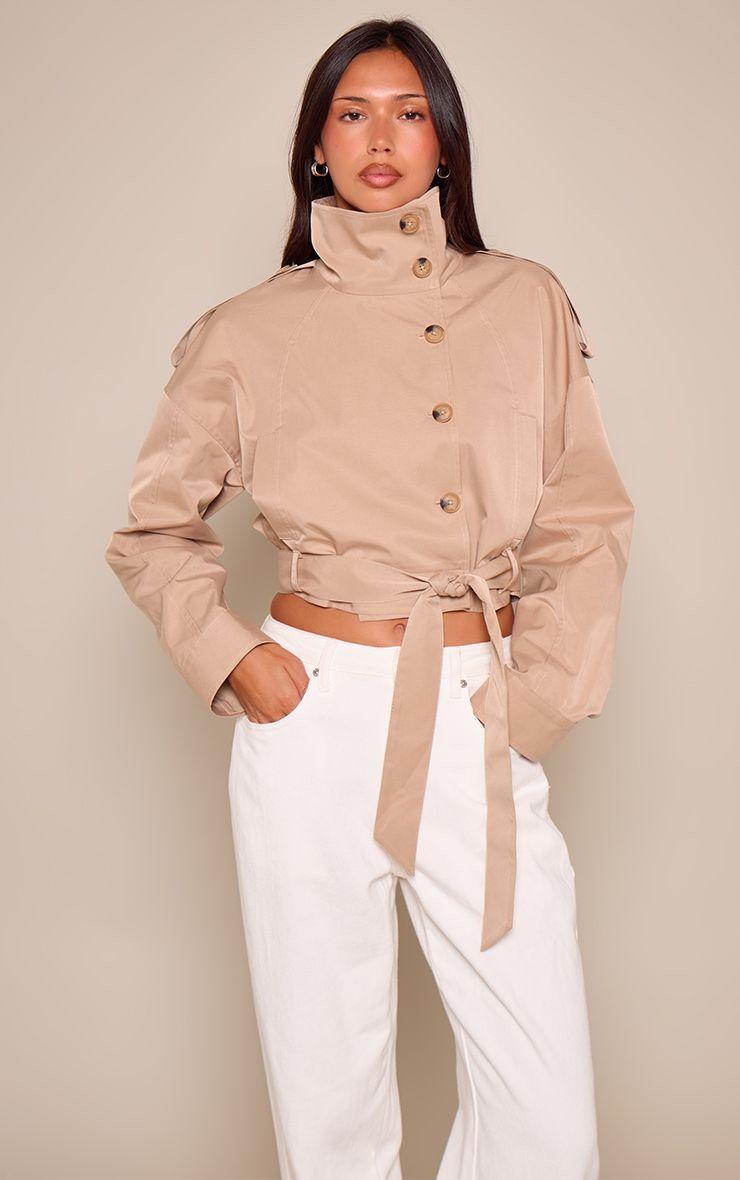 Cropped Funnel Neck Dropped Waist Trench by PRETTYLITTLETHING