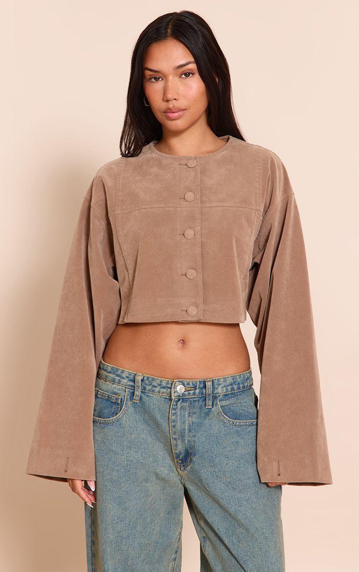 Cropped Ruched Sleeve Detail Suede Jacket by PRETTYLITTLETHING