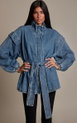 Dark Blue Vintage Wash Funnel Neck Belted Denim Jacket by PRETTYLITTLETHING