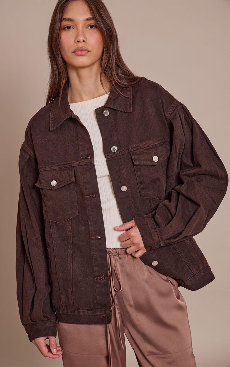 Dark Chocolate Cocoon Sleeve Oversized Denim Jacket by PRETTYLITTLETHING