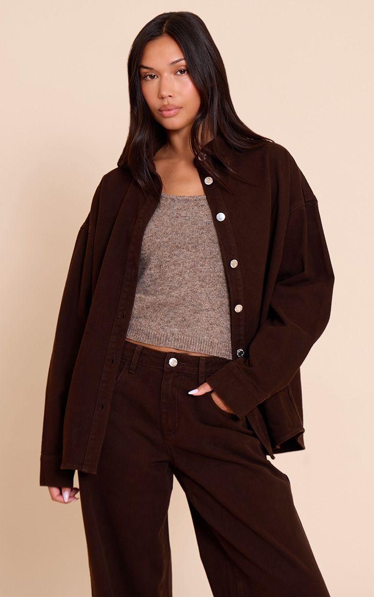 Dark Chocolate Oversized Classic Denim Shirt by PRETTYLITTLETHING