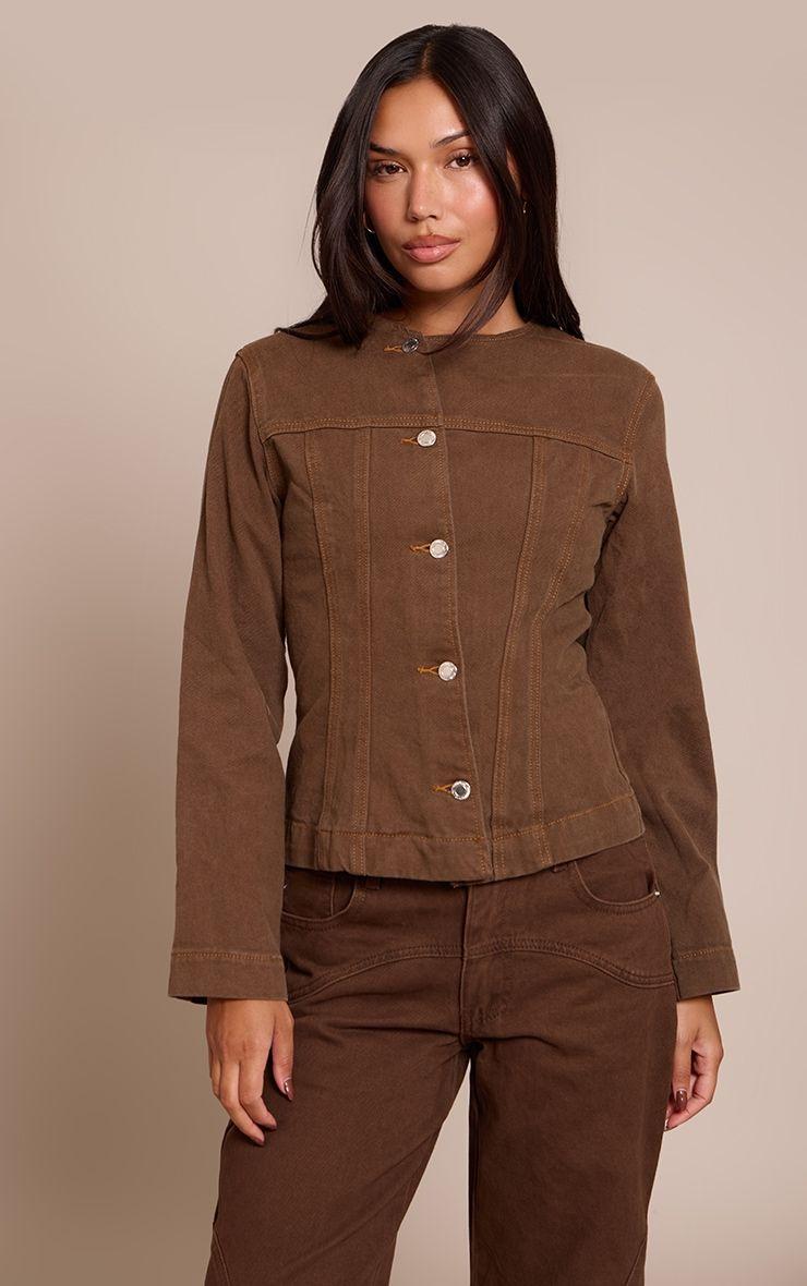 Dark Khaki Asymmetric Button Collarless Denim Shirt by PRETTYLITTLETHING