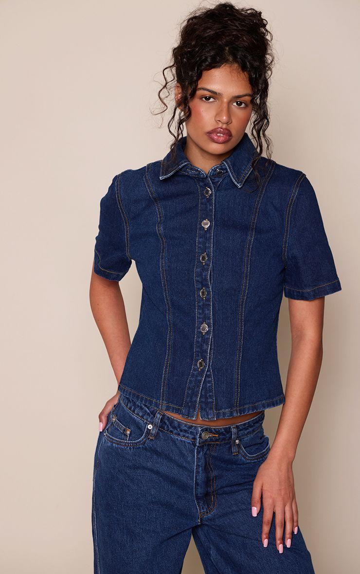 Denim Button Up Short Sleeve Shirt by PRETTYLITTLETHING
