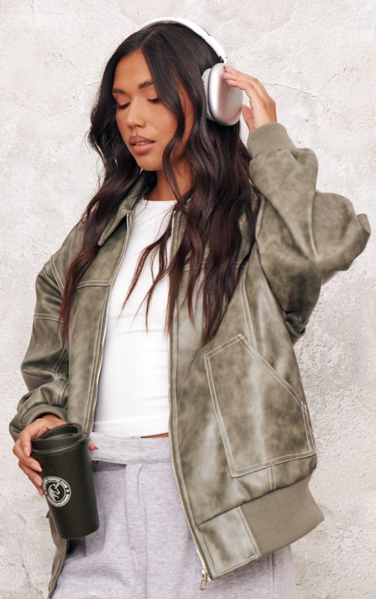 Distressed Faux Leather Oversized Longline Bomber Jacket by PRETTYLITTLETHING