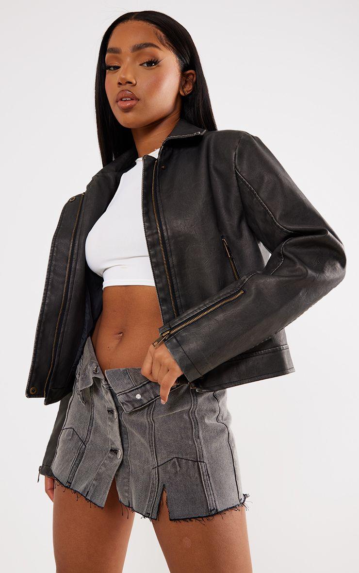Distressed Look Faux Leather Boxy Fit Biker Jacket by PRETTYLITTLETHING