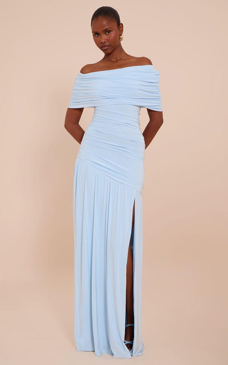 Double Layer Slinky Bardot One Shoulder Ruched Maxi Dress by PRETTYLITTLETHING