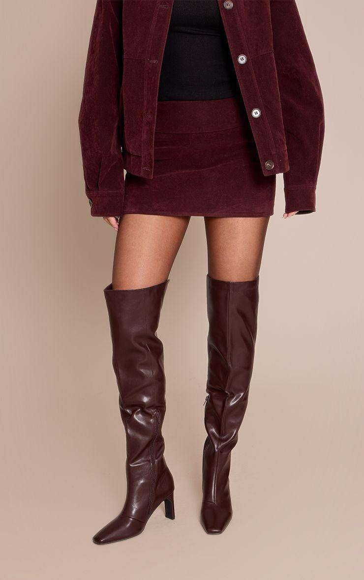 Faux Leather Snip Toe Heeled Over The Knee Boots by PRETTYLITTLETHING
