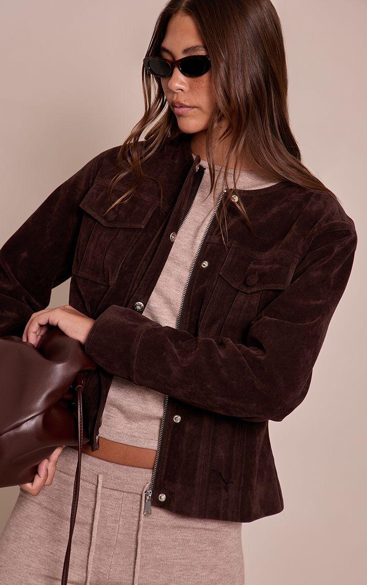 Faux Suede Covered Button Cinch Waist Jacket by PRETTYLITTLETHING