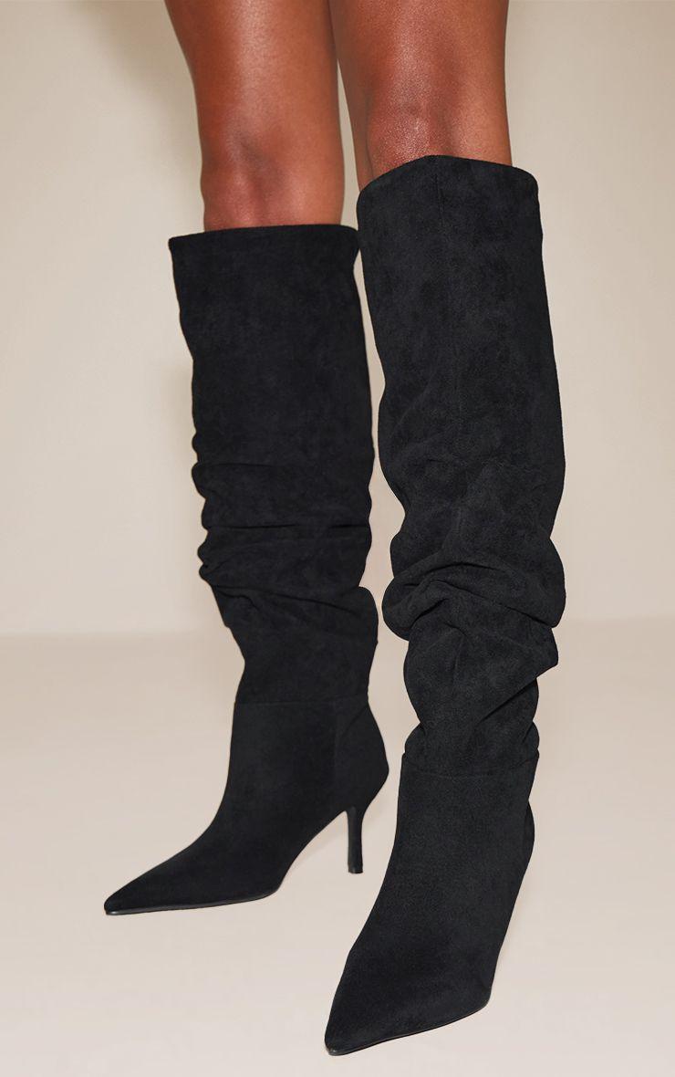 Faux Suede Knee High Heeled Scrunch Boot by PRETTYLITTLETHING