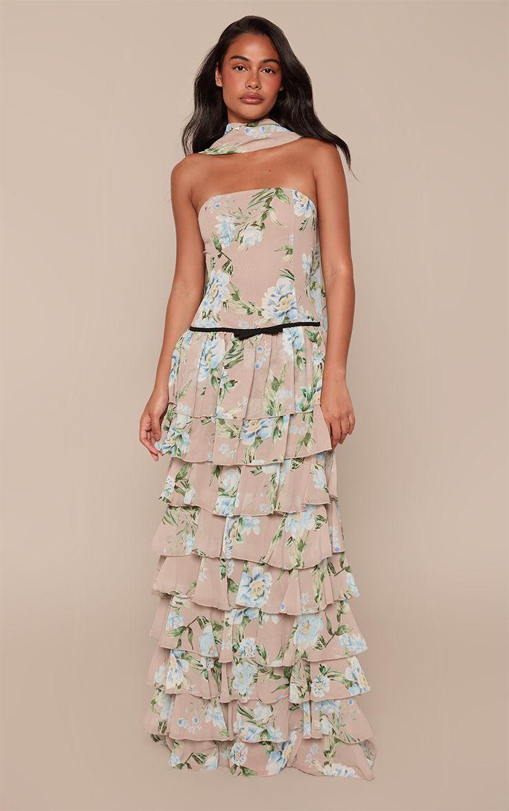 Floral Printed Chiffon Bandeau Tiered Frill Maxi Dress by PRETTYLITTLETHING