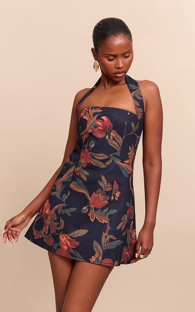 Floral Square Halterneck A-line Dress by PRETTYLITTLETHING