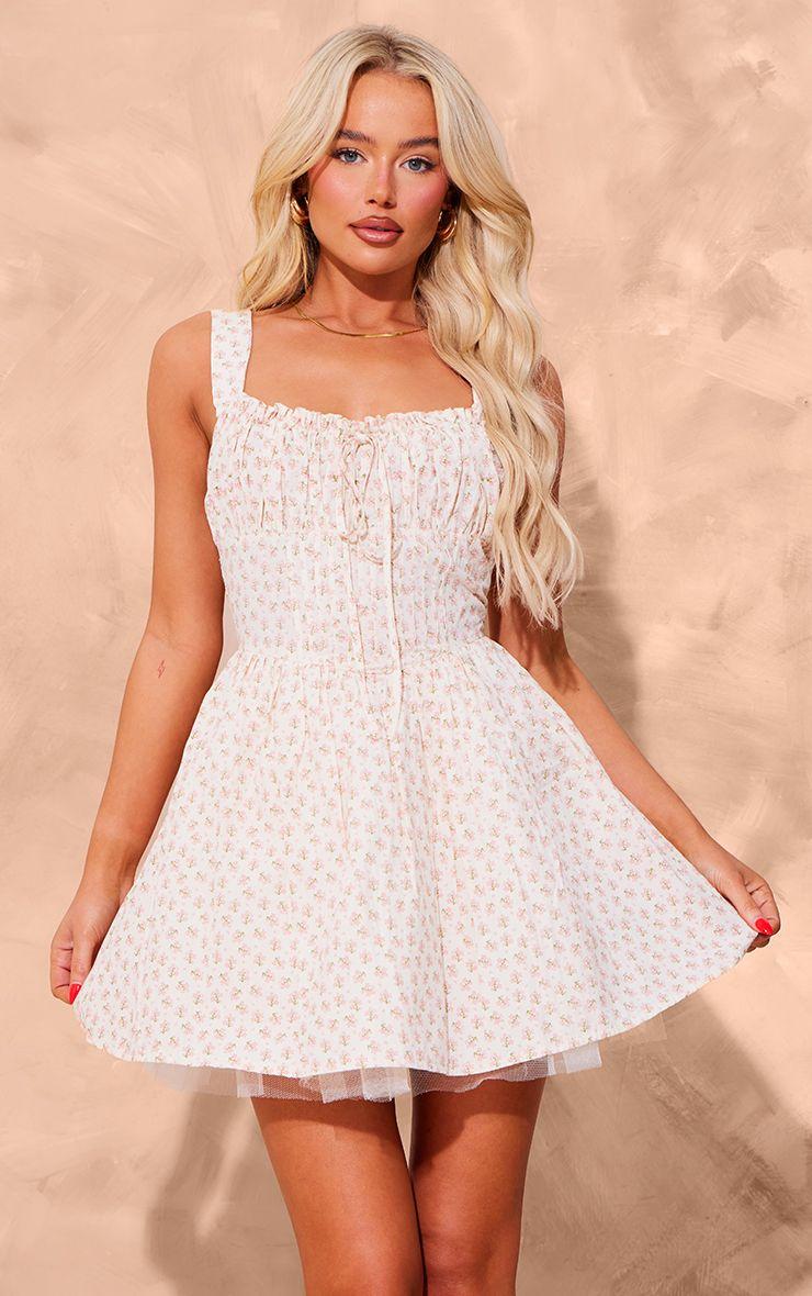 Floral Tie Puff Hem Shift Dress by PRETTYLITTLETHING