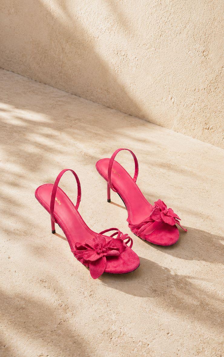 Fuchsia Faux Suede Flower Trim Strappy Heeled Sandals by PRETTYLITTLETHING