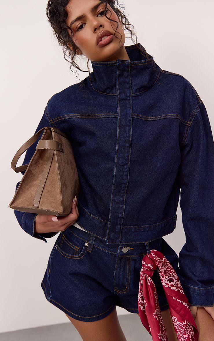 Funnel Neck Cropped Denim Jacket by PRETTYLITTLETHING