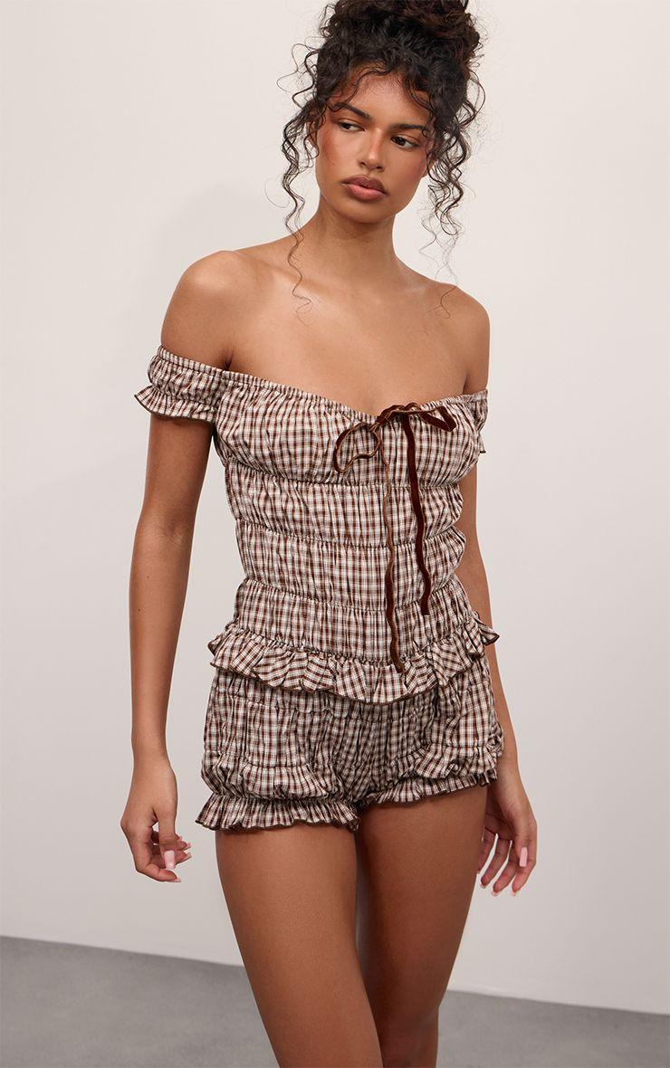 Gingham Ruffle Off Shoulder Playsuit by PRETTYLITTLETHING
