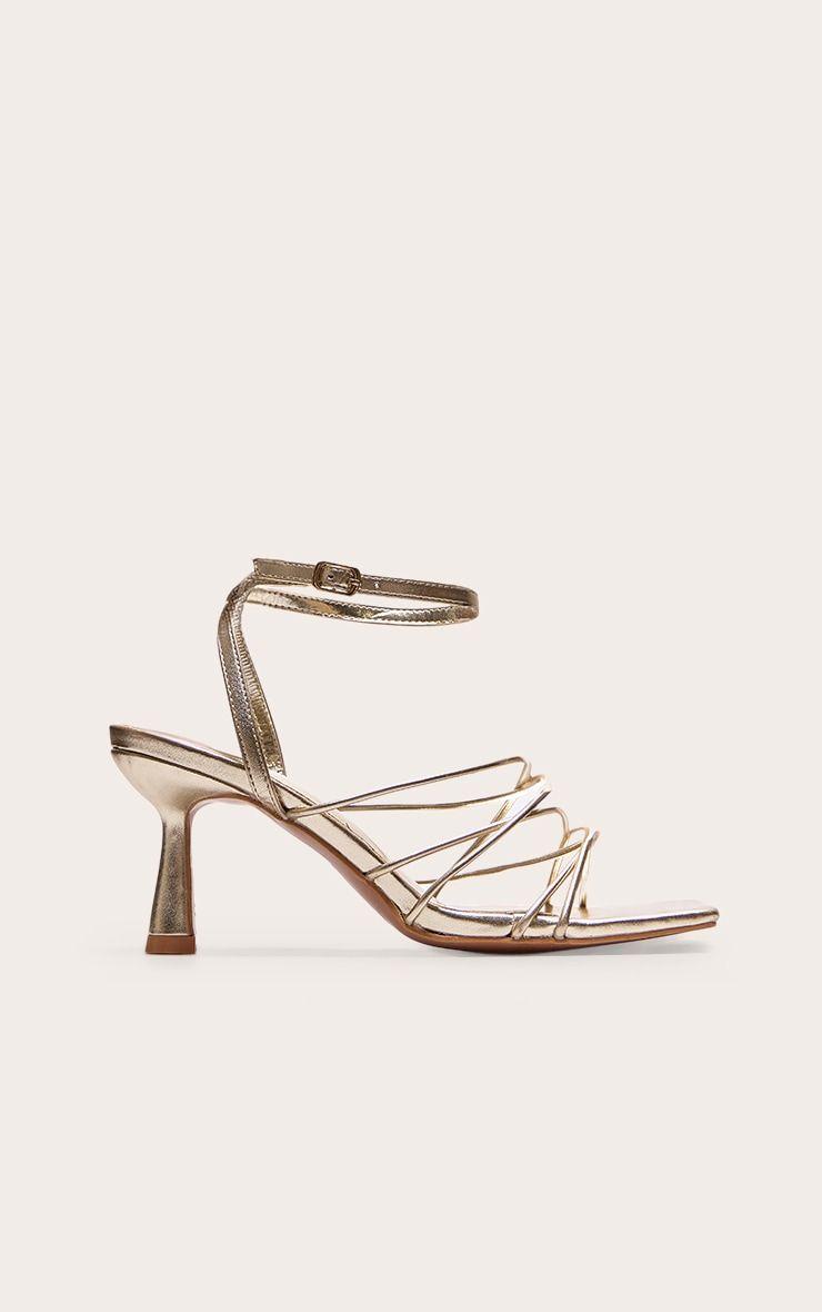 Gold PU Metallic Square Toe Cross Over Strappy Mid Heeled Sandals by PRETTYLITTLETHING Gold PU Metallic Square Toe Cross Over Strappy Mid Heeled Sandals by PRETTYLITTLETHING