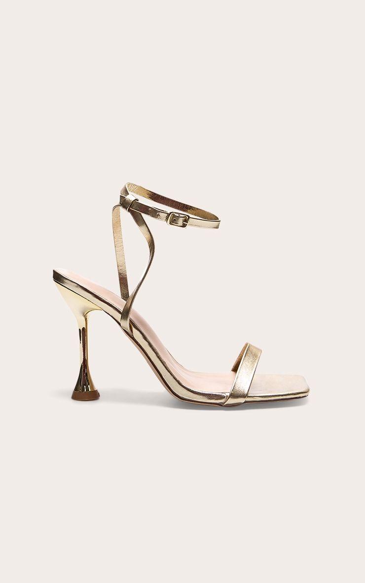 Gold Wide Fit Pu Square Toe Ankle Buckle Heeled Sandals by PRETTYLITTLETHING