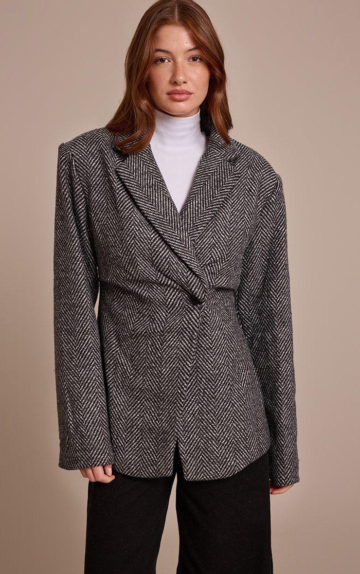 Grey Herringbone Gathered Cinched Waist Blazer by PRETTYLITTLETHING